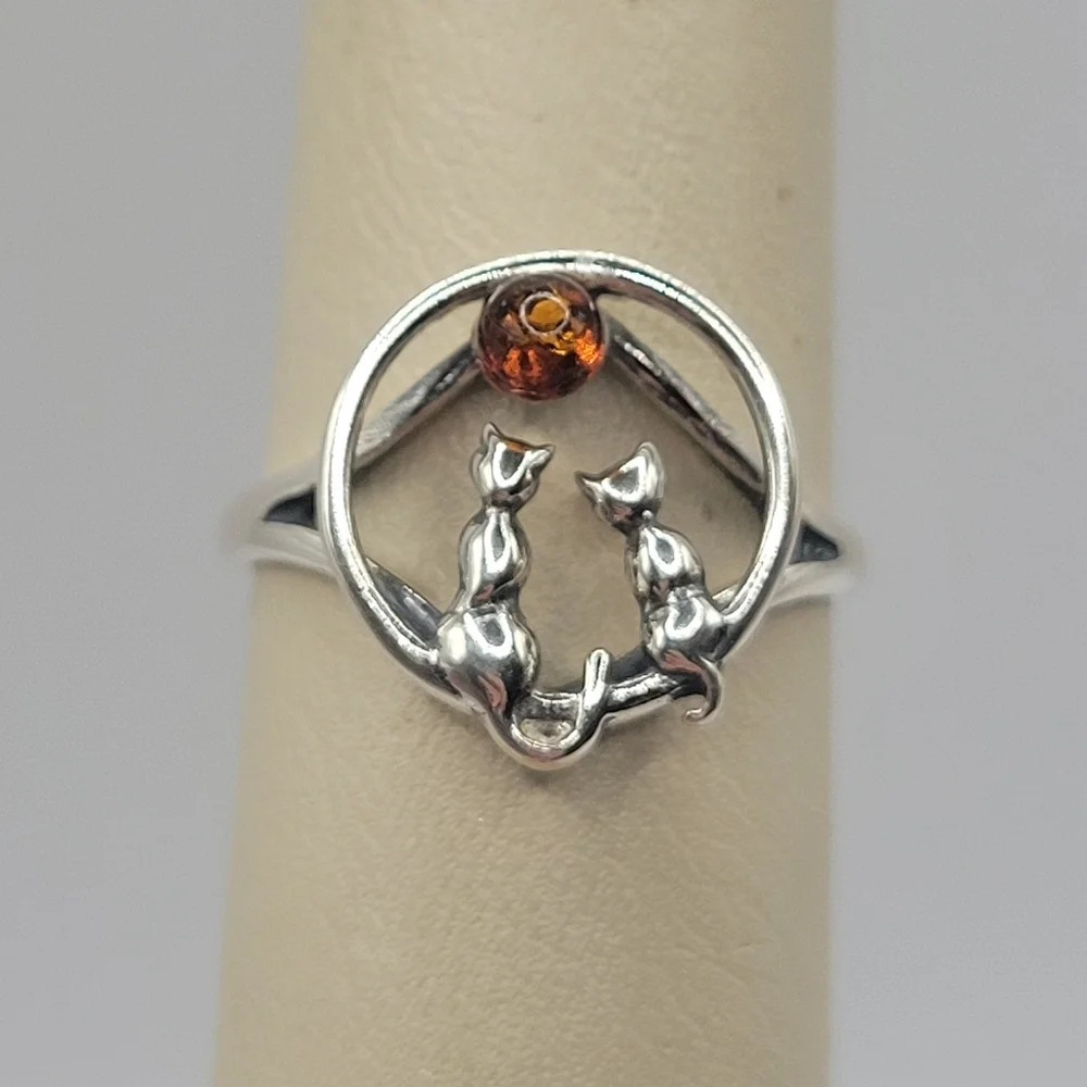 925 Sterling Silver Cat Ring Amber Stone Handmade Womens Size 8.5 Cute Unique